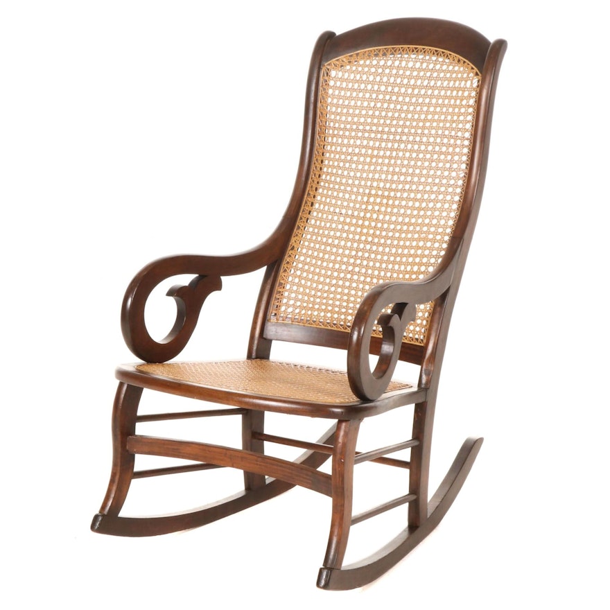 Cane Upholstered Walnut Lincoln-Style Rocking Chair, Mid to Late 20th Century