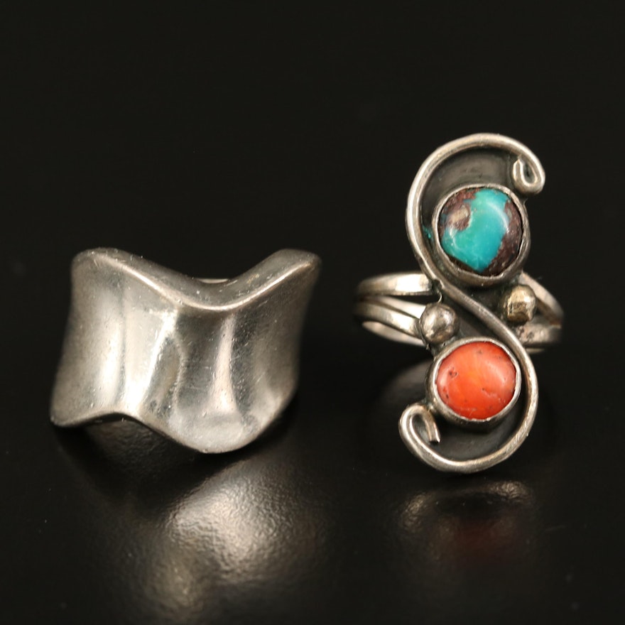 Sterling Silver Coral and Turquoise Ring with Wavy Band
