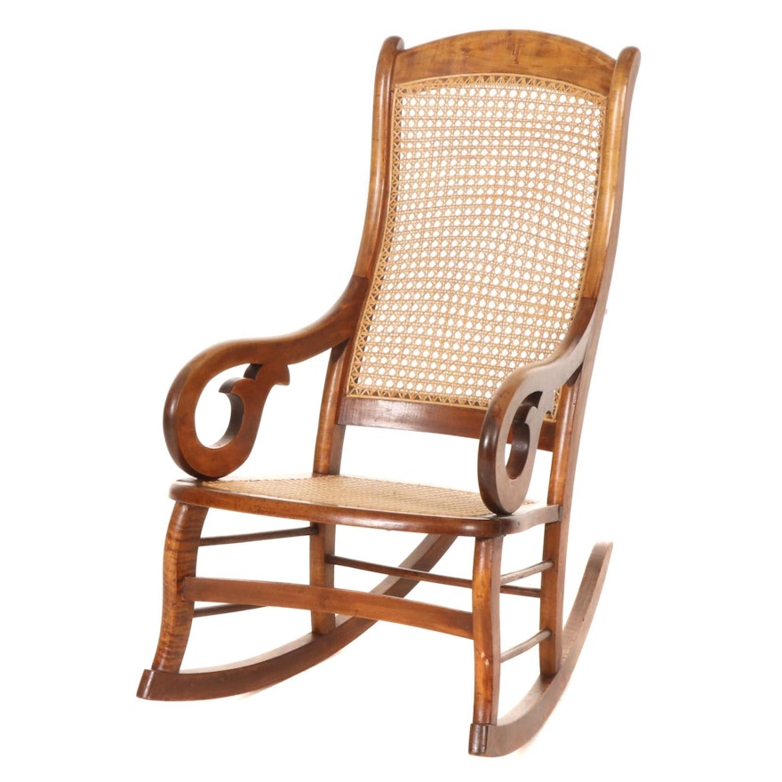 Cane Upholstered Walnut Rocking Chair, Mid to Late 20th Century
