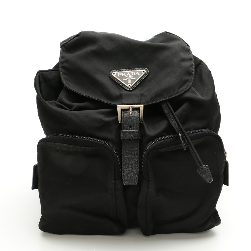 Prada Drawstring Backpack in Black Tessuto Nylon with Saffiano Leather Trim