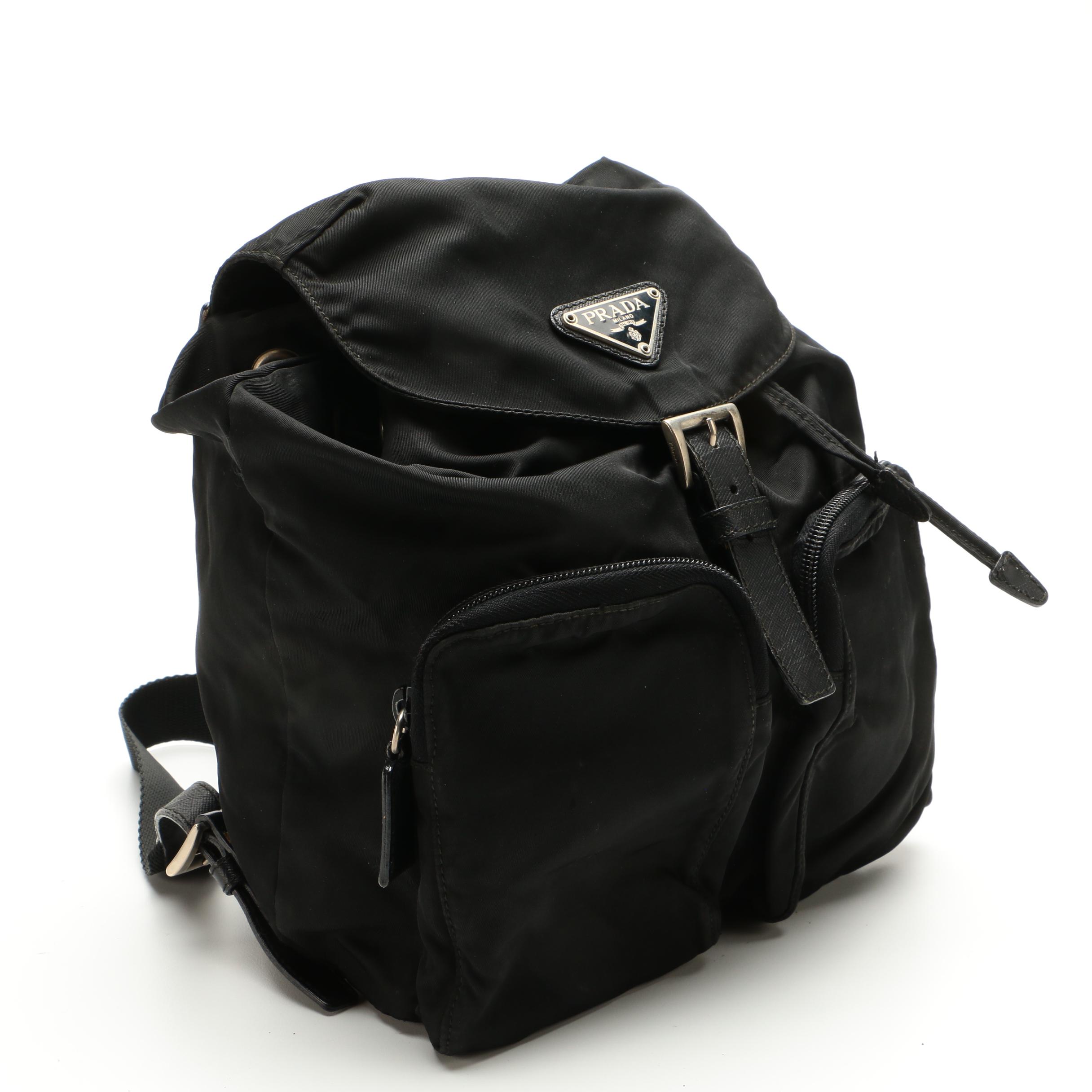 Prada Drawstring Backpack in Black Tessuto Nylon with Saffiano Leather Trim