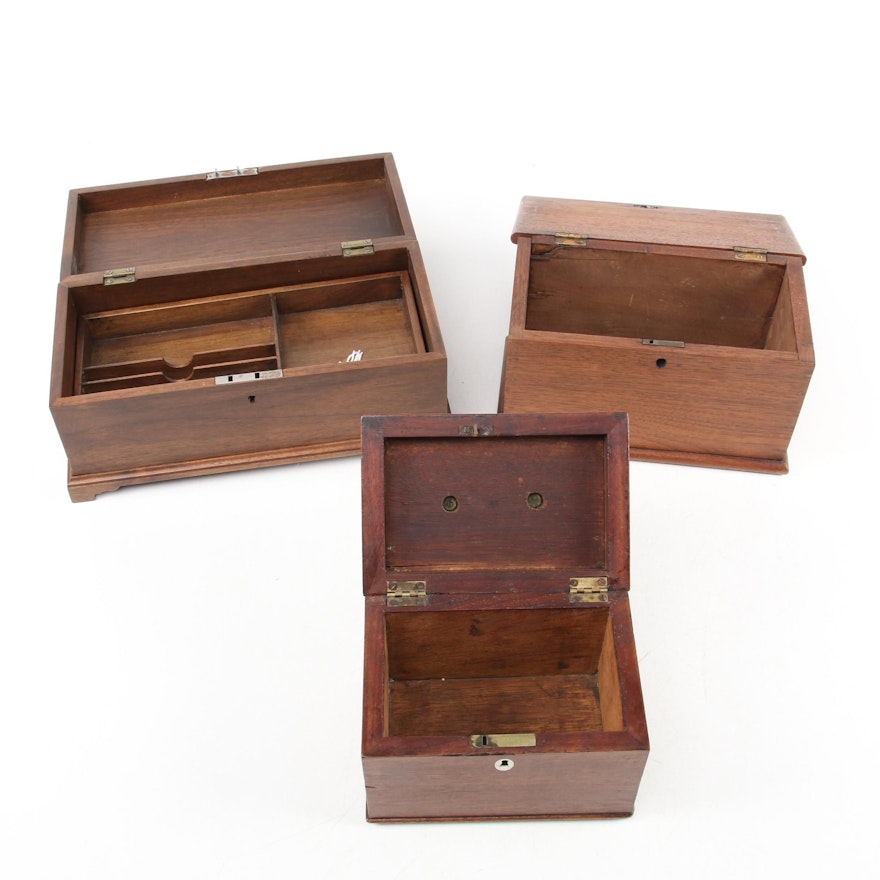 Victorian Mahogany Shaving Box with Other Walnut Lidded Boxes, 19th Century