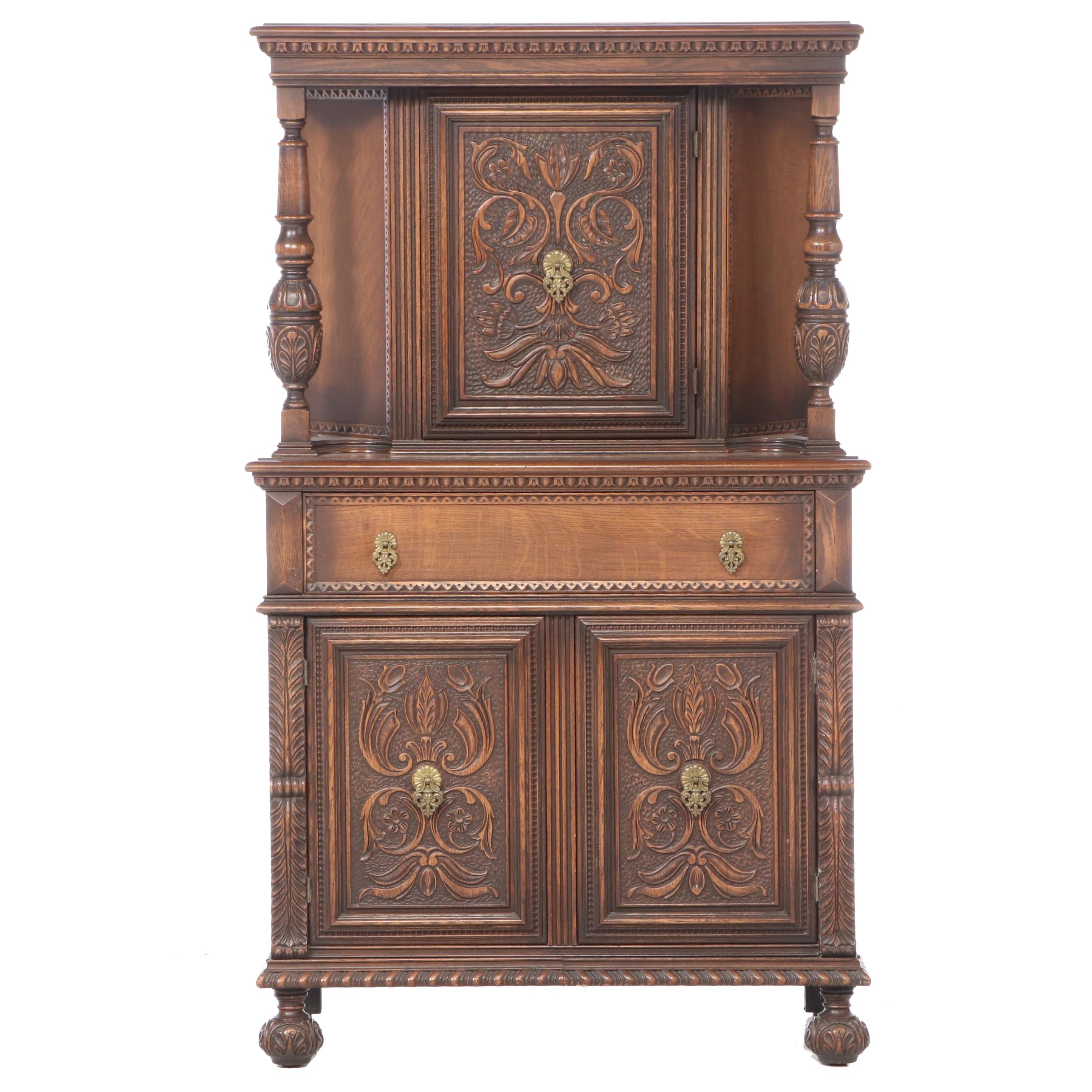 Jacobean Style Relief-Carved Oak China Cupboard, Early to Mid 20th Century