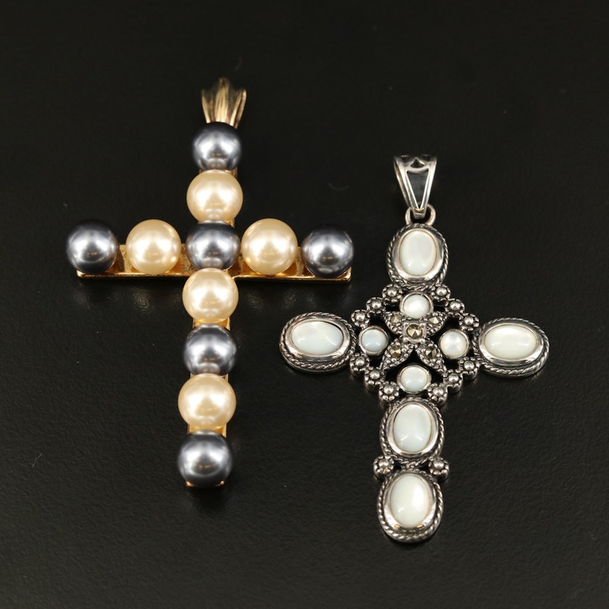 Sterling Cross Pendants Including Mother of Pearl, Faux Pearl and Marcasite