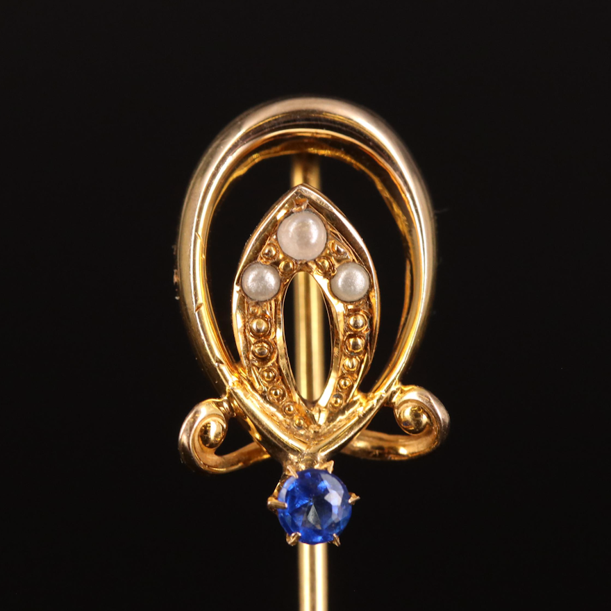 Art Nouveau 10K Garnet Glass Doublet and Imitation Pearl Stick Pin