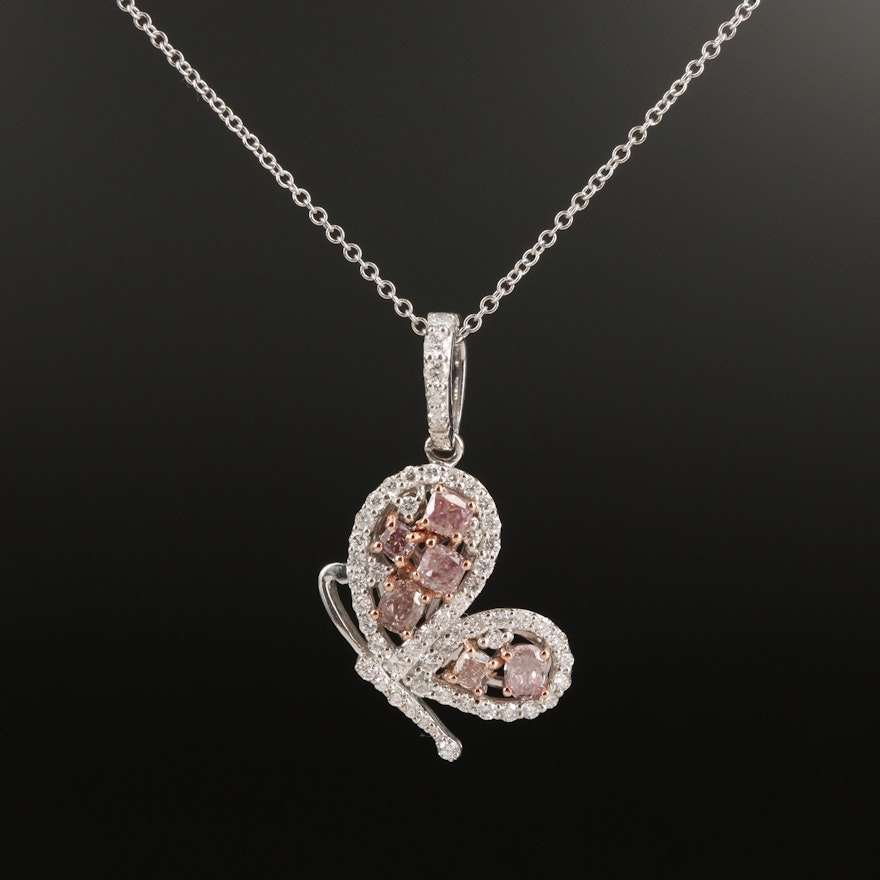 18K 1.08 CTW Pink Diamond and Diamond Butterfly Necklace