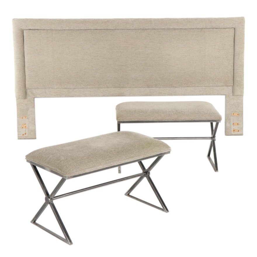 Contemporary King Size Upholstered Headboard with Two Matching Benches