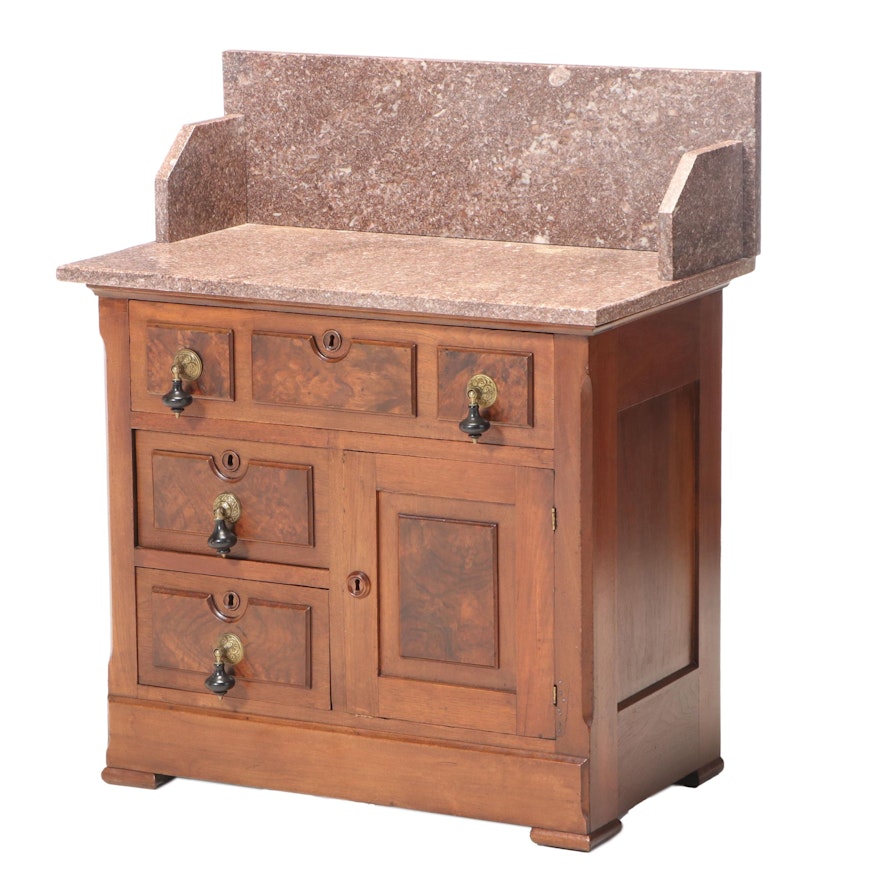 Victorian Walnut, Burl Walnut, and Rouge Marble Washstand, Late 19th Century