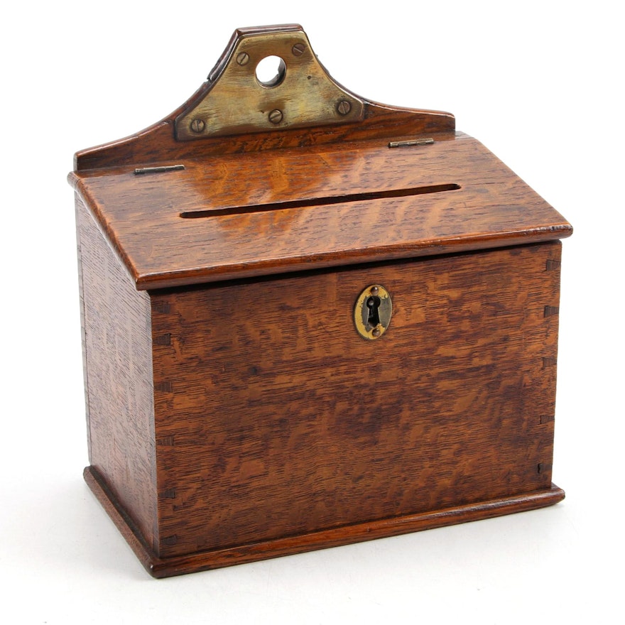 Oak and Brass Letter or  Alms Box with Key, Early 20th Century