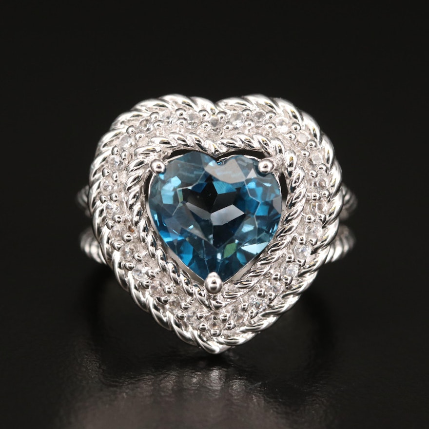 Sterling Silver London Blue Topaz and White Zircon Heart Ring