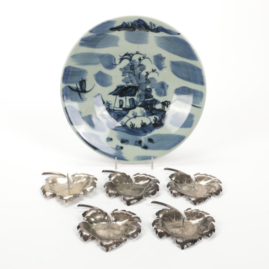Japanese Style Ceramic Display Plate with Metal Leaf Form Candle Holders