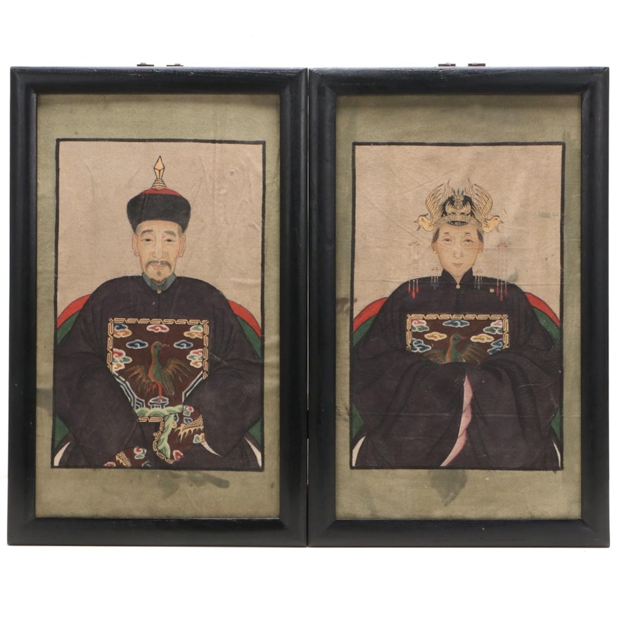 Chinese Style Acrylic Paintings of Ancestral Portraits, circa 2000