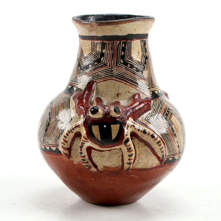 Hand-Painted Terracotta Pottery Vessel with Applied Crabs