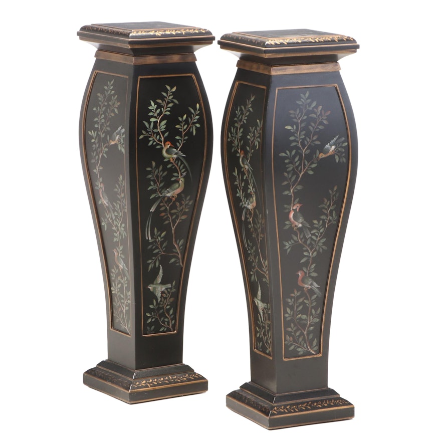 Pair of Paint-Decorated and Crackle Lacquered Pedestal Stands