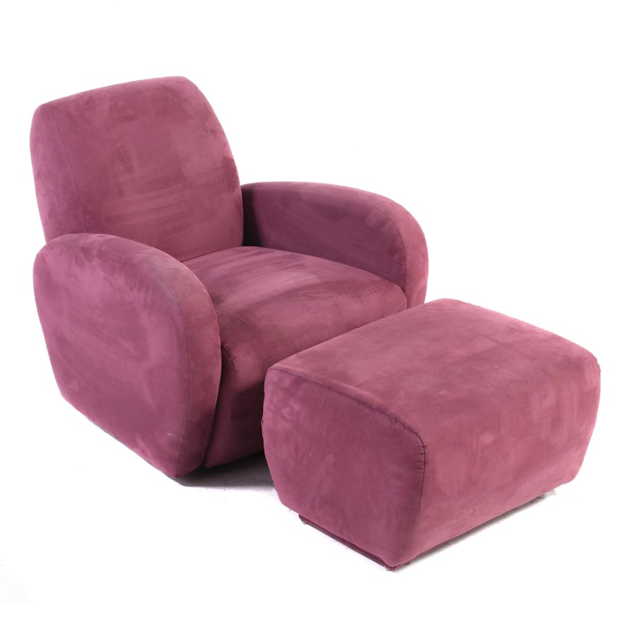 Art Deco Style Suede Upholstered Swivel Base Club Chair with Ottoman