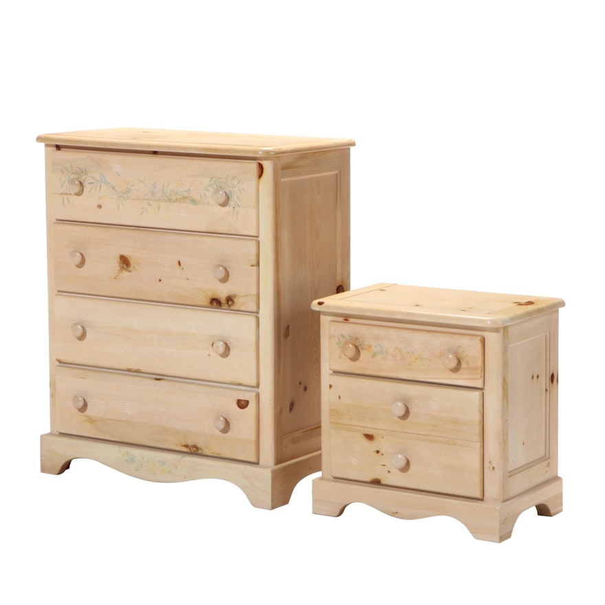 American Primitive Style Paint-Decorated Pine Four-Drawer Chest and Nightstand