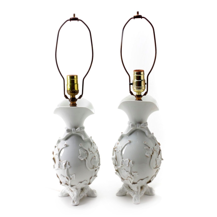 Pair of Blanc de Chine Lamps with Applied Ivy Motif, Mid-20th Century