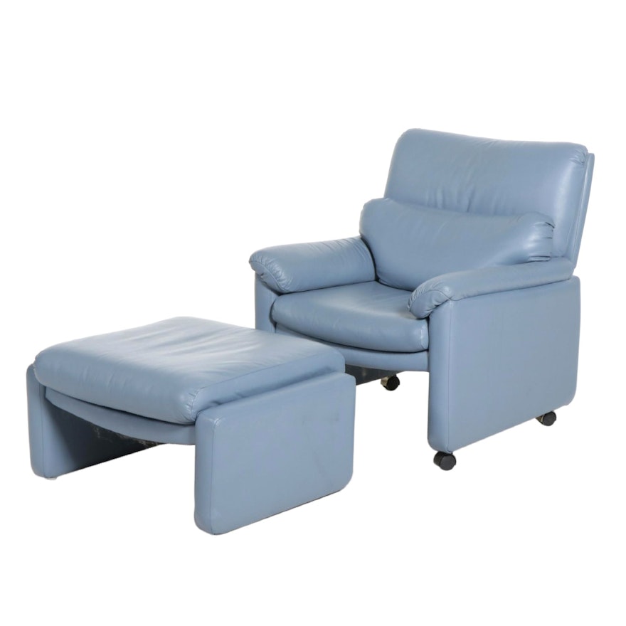 Preview Furniture Blue Leather Rolling Armchair and Ottoman, Late 20th Century