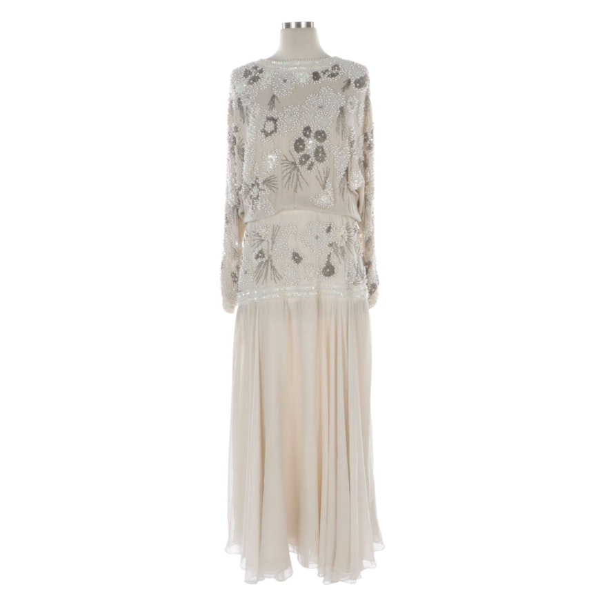 Faux Pearl and Bead Embellished Chiffon Evening Dress