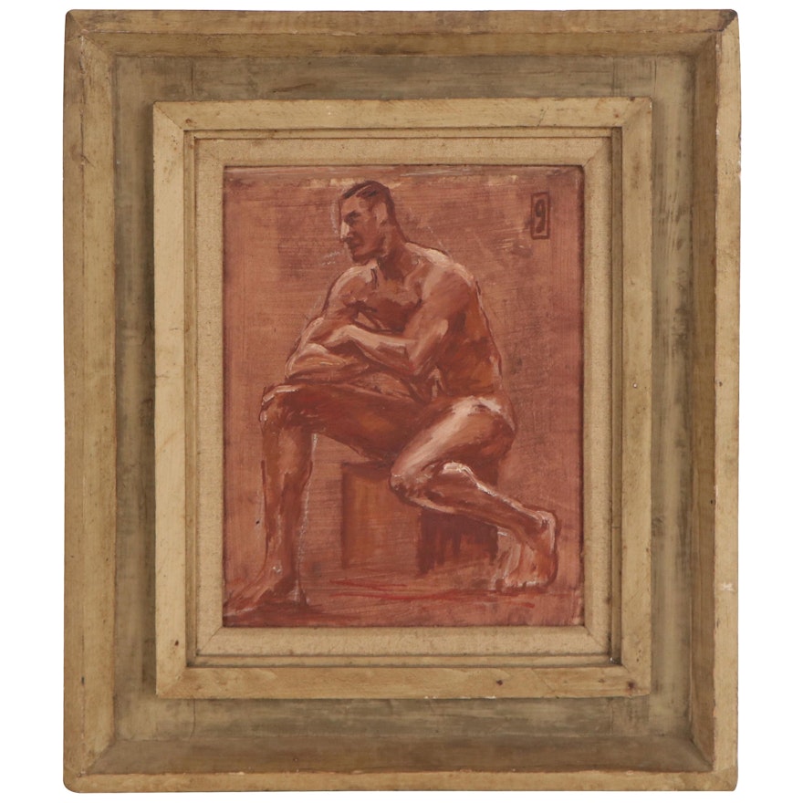 Mixed Media Painting of Nude Male Figure, Early to Mid-20th Century