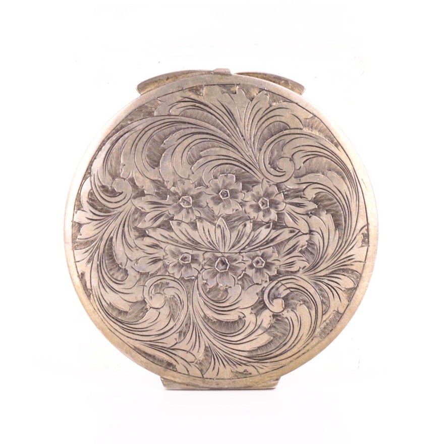 Floral Engraved 800 Silver Compact, Early to Mid 20th Century