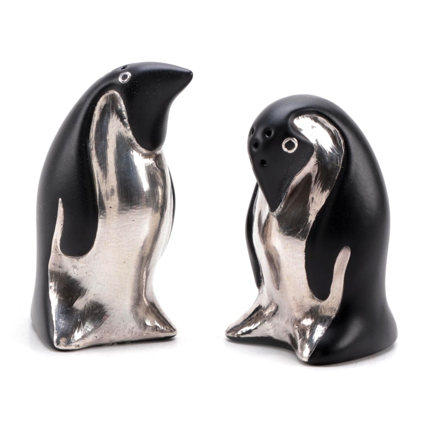 Emilia Castillo Sterling Silver and Ceramic Penguin Salt and Pepper Shakers