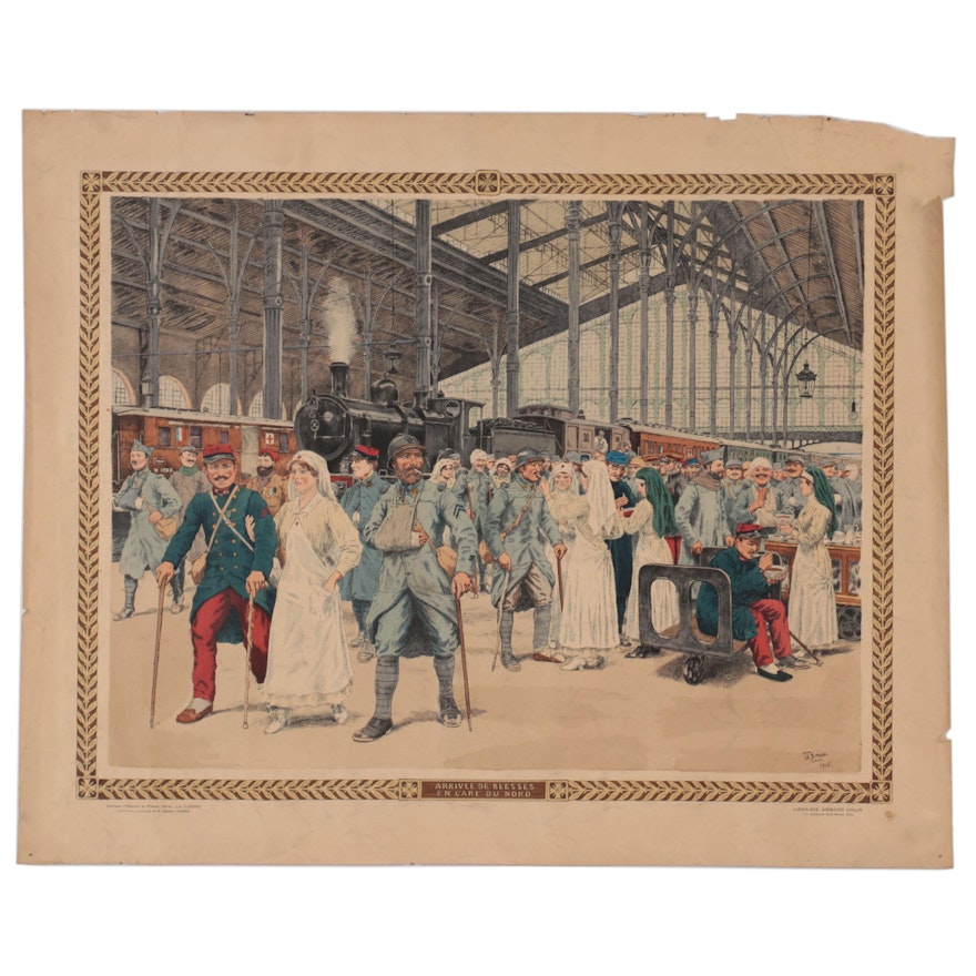 Th. Smid Hand-Colored Lithograph "Arrivée de Blésses en Gare Du Nord"