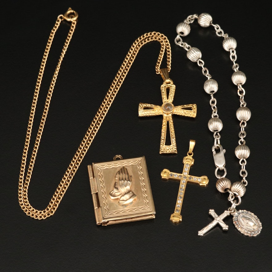 Bible Locket, Cross Pendant and Necklace with Sterling Rosary Bracelet