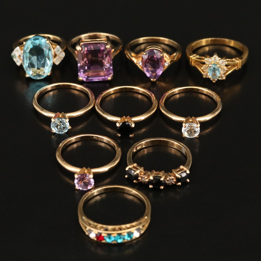 Amethyst, Topaz and Rhinestone Rings Including Sterling Silver