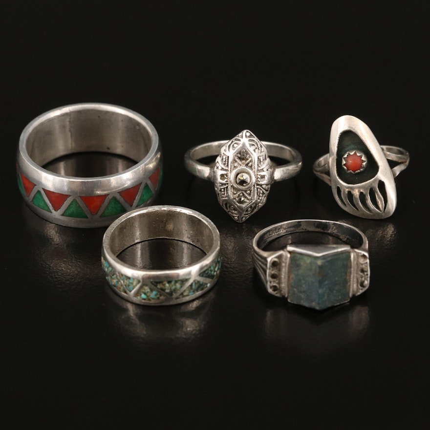 Sterling Silver Marcasite, Coral and Inlaid Rings
