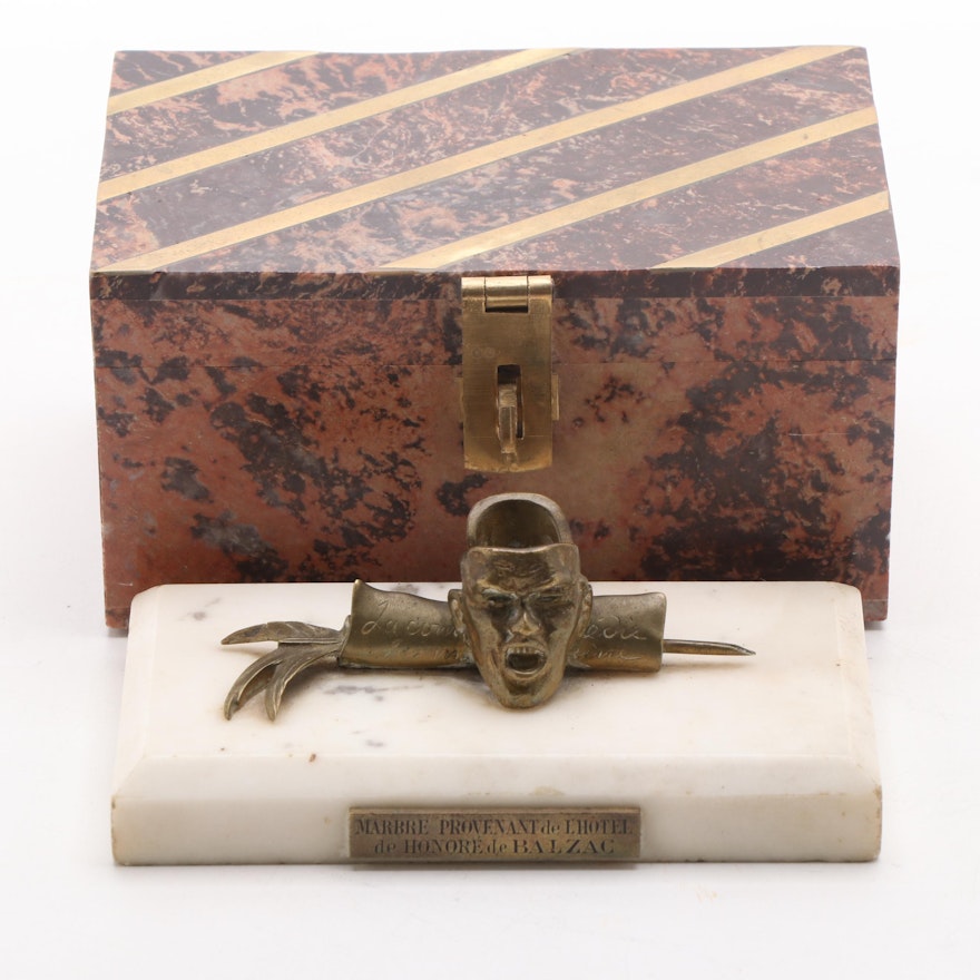 Hôtel Balzac Marble Fragment with Brass Inlaid Stone Box
