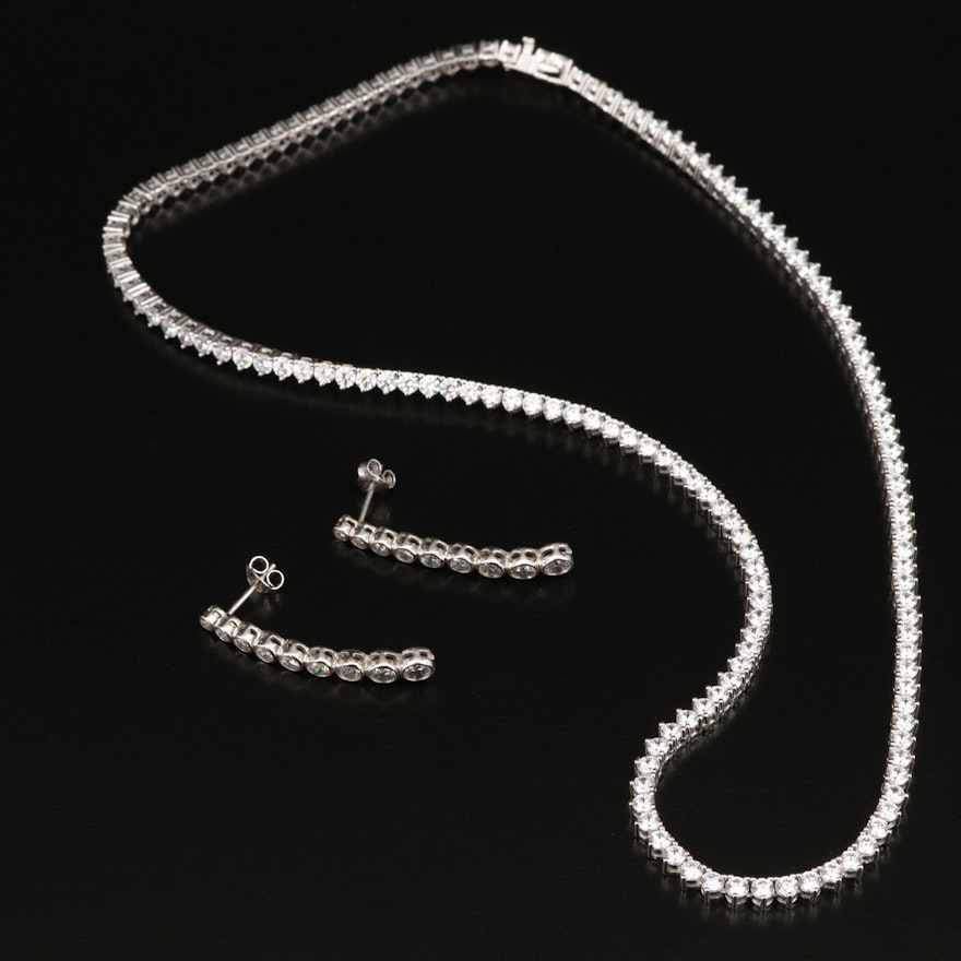 Sterling Cubic Zirconia Rivière Necklace and Graduated Drop Earrings