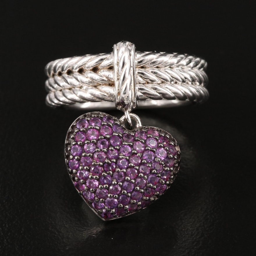 Sterling Silver Ring with Amethyst Heart Charm