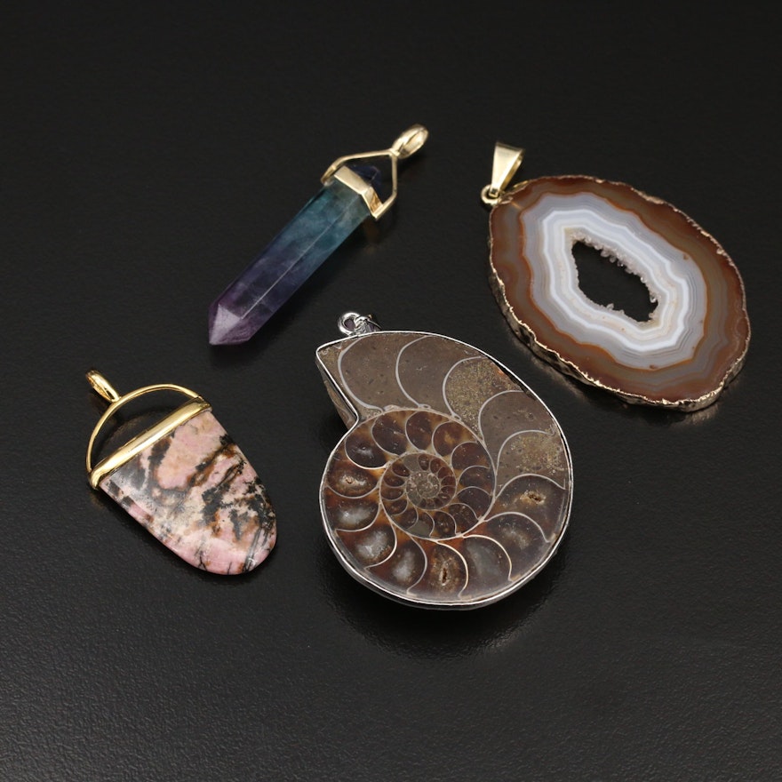 Agate, Fluorite and Gemstone Pendants Including Sterling