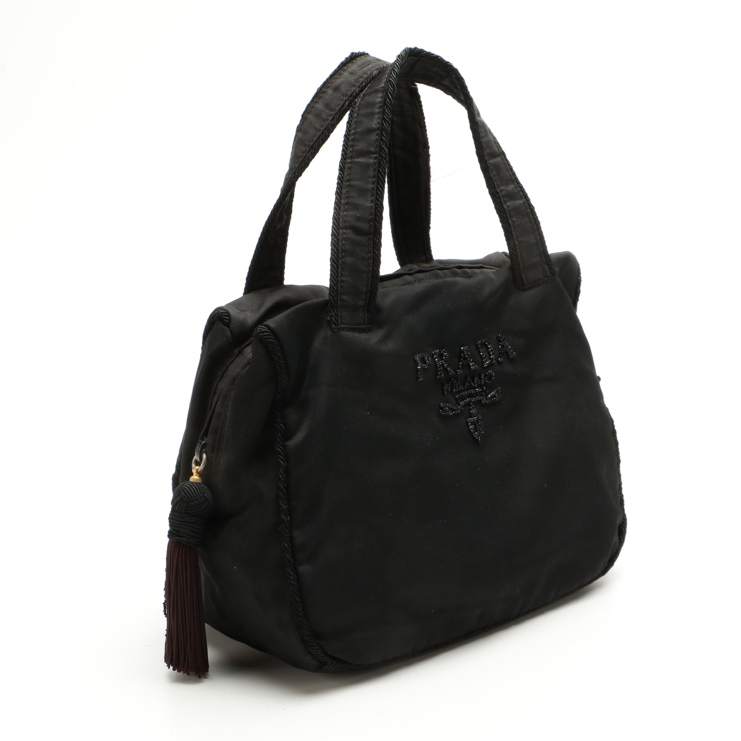 Prada Beaded Tassel Top Handle Bag in Black Tessuto Nylon