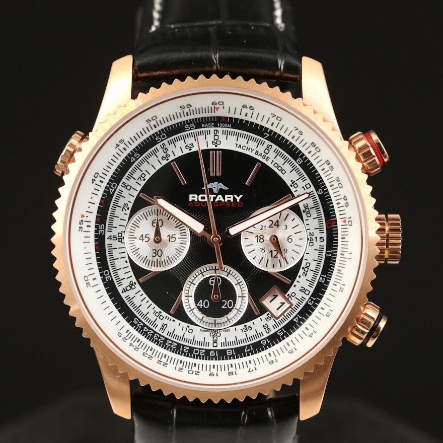 Rose Gold Tone Rotary "Aquaspeed" Chronograph Stainless Steel Wristwatch