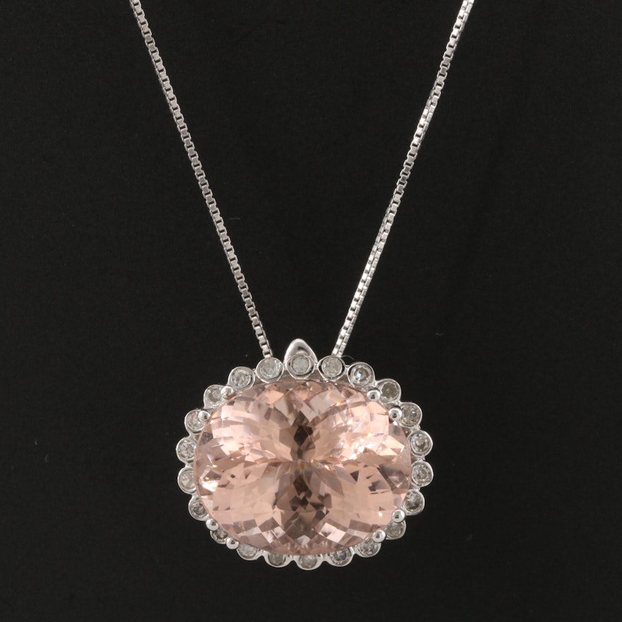 14K Morganite and Diamond Enhancer Pendant on Sterling Necklace