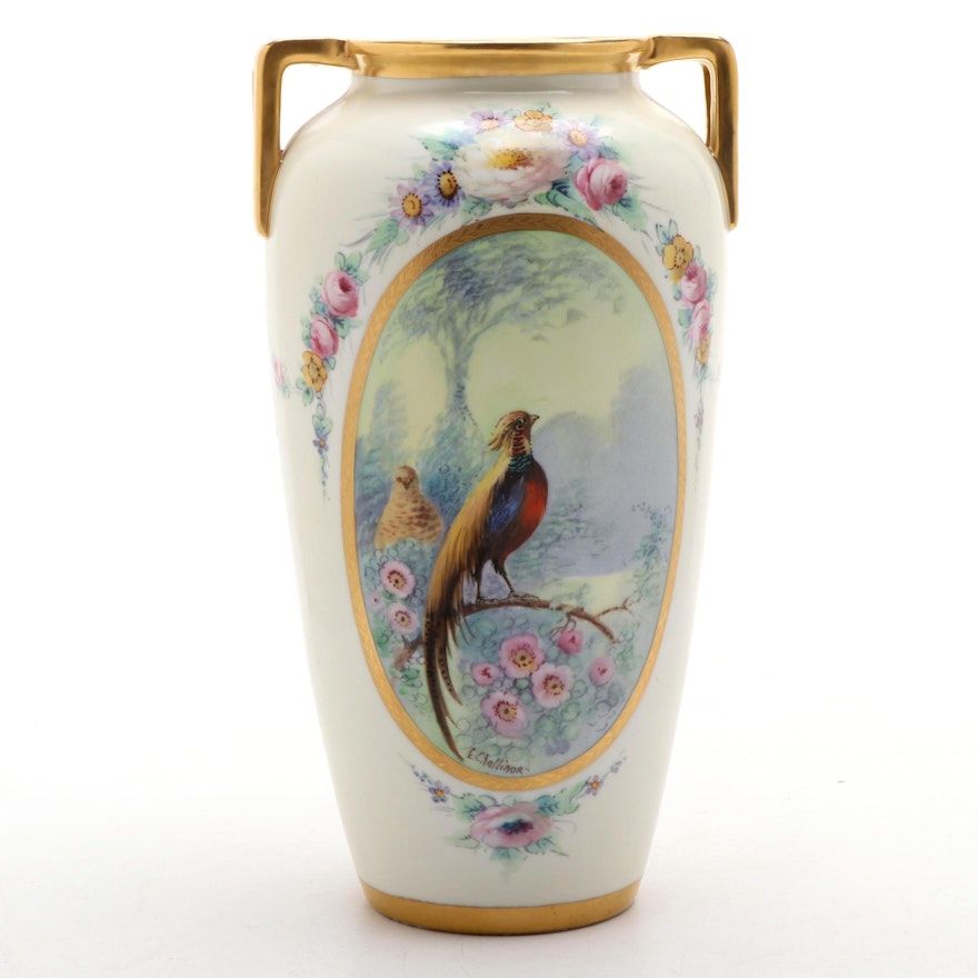 Edward Challinor for Pickard Etched China Golden Pheasant Vase