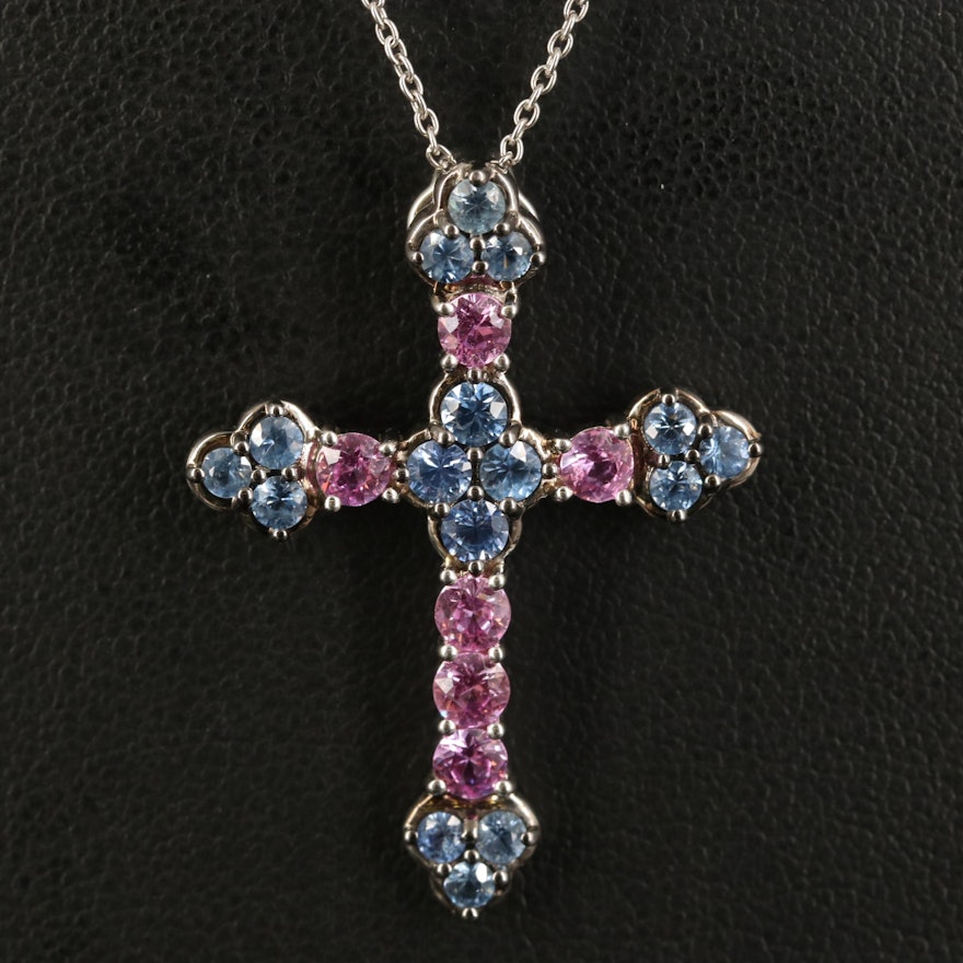 Sterling Silver Sapphire Cross Pendant Necklace