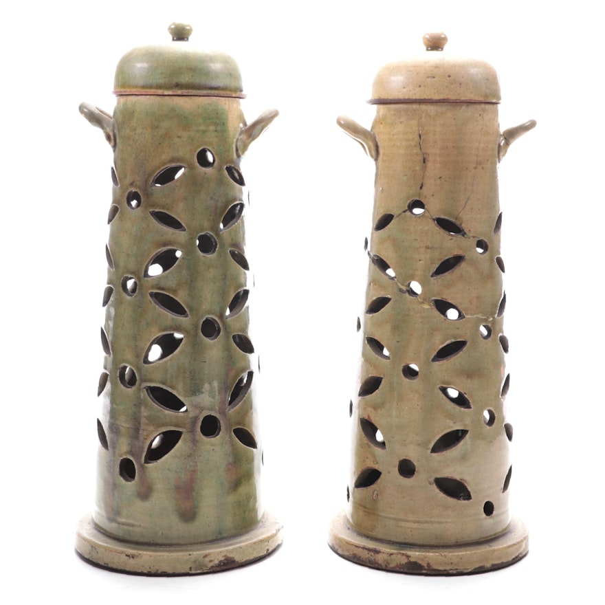 Pair of Green Glazed Pierced Ceramic Candle Lanterns, Late 20th Century