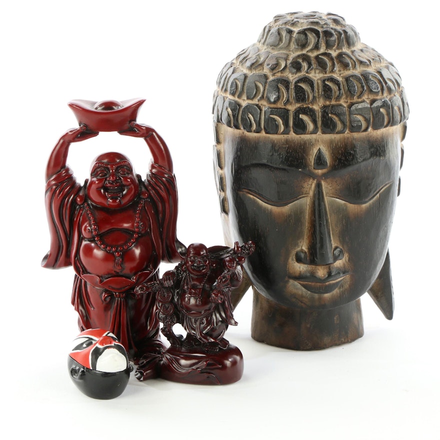 Carved Wood Buddha and Resin Budai Figurines with Wooden Trinket Box