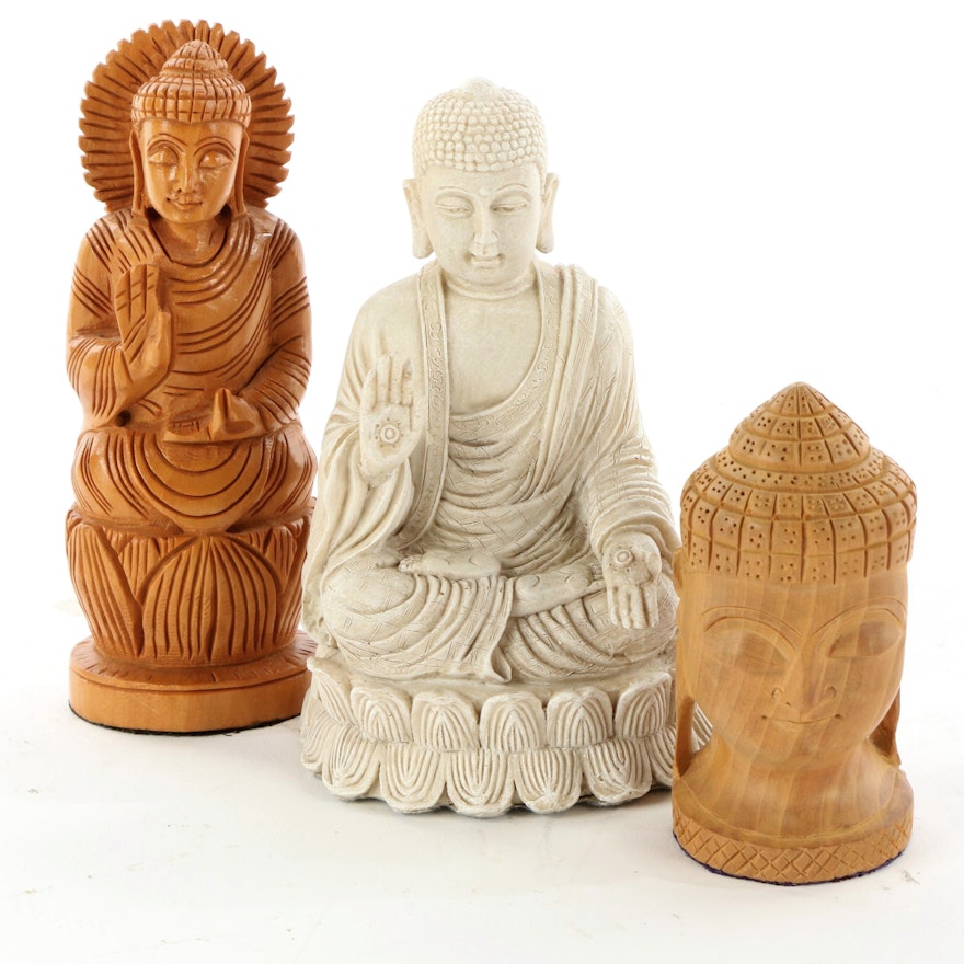Carved Wood and Resin Buddha Figurines