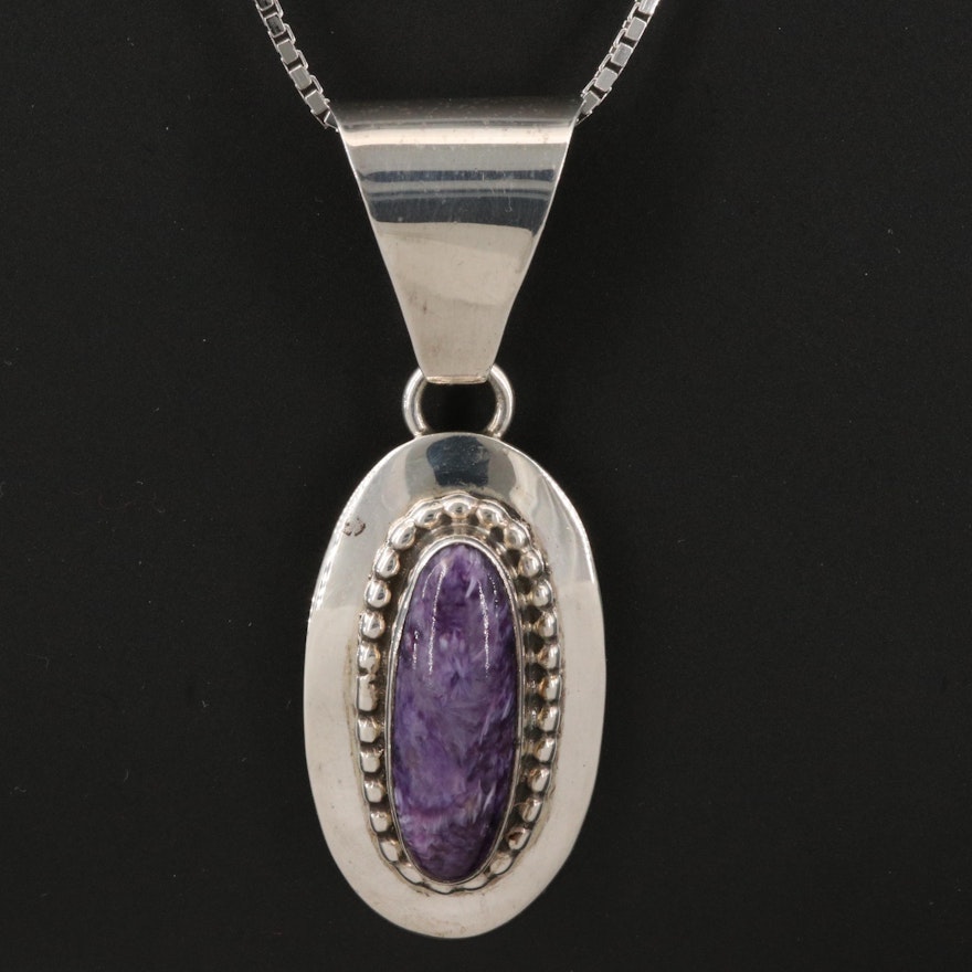 Carrol Felley Sterling Silver Charoite Pendant with Box Chain