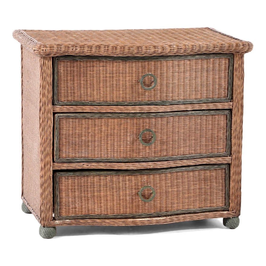 Brown and Green Wicker Three-Drawer Serpentine-Front Chest