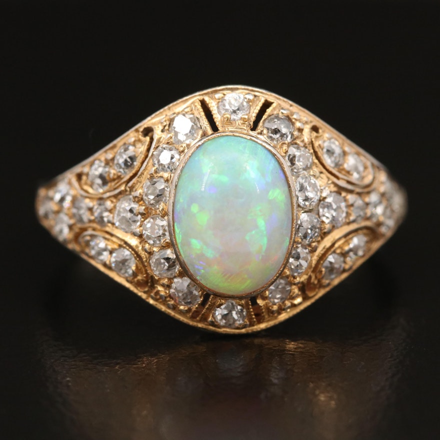 Vintage Platinum and 14K Opal and 1.03 CTW Diamond Ring