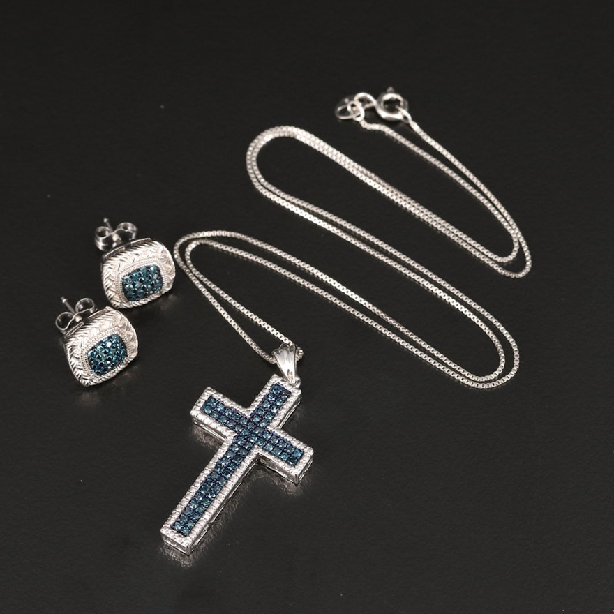 Sterling Silver Diamond Cross Pendant Necklace and Stud Earrings