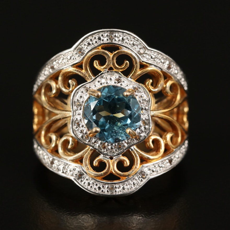 Sterling Silver Topaz and Sapphire Scrollwork Ring