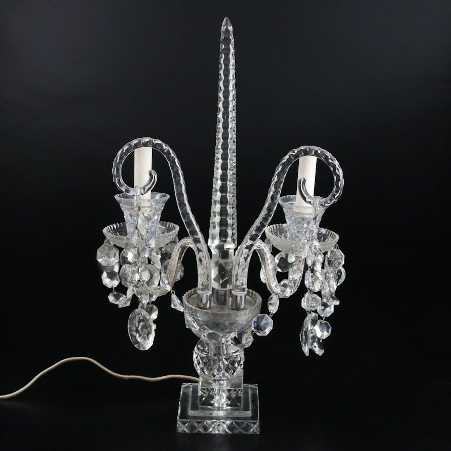 Glass and Crystal Candelabra Mantel Lamp with Crystal Bead Drops