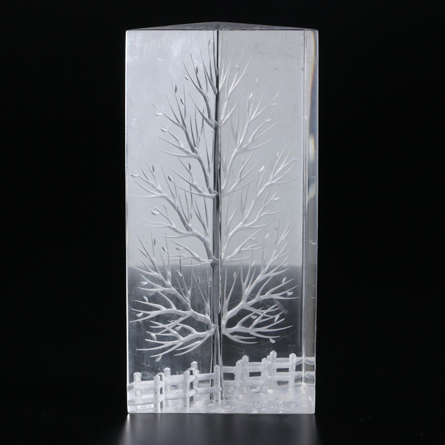 Joseph Galvan Etched Acrylic Sculpture of a Tree
