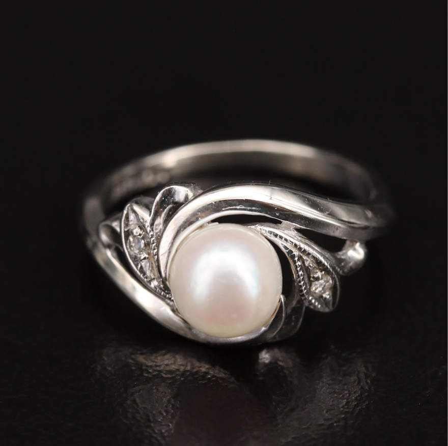10K Pearl and Diamond Swirl Ring